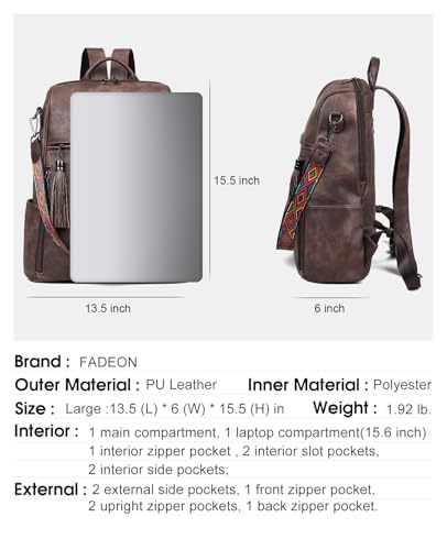 FADEON Leather Laptop Backpack for Women Designer 15.6 inch PU Laptop Bag, Ladies Travel Computer Work Backpack Coffee Brown - color: Coffee Brown Retro Style