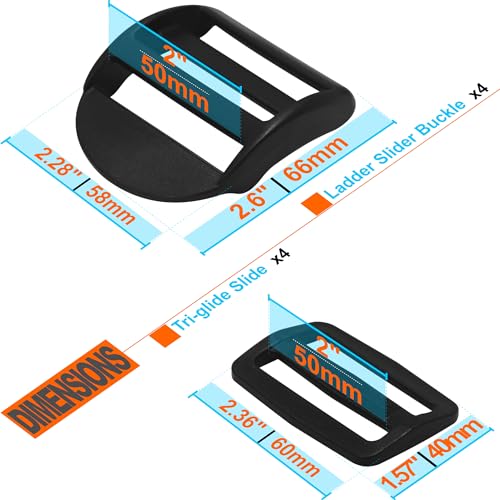 LASIGHT 4 Pack Slider Ladder Lock Buckle and Tri-glide Slide for 3/4", 1", 1-1/4", 1-1/2", 2" Webbing Strap - style: Fit 2" Webbing