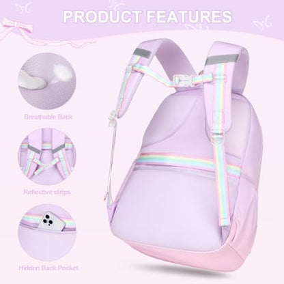 DIGOBAY Backpack for Girls, 3PCS Girls Backpack for School with Lunch Bag Pencil Case, Cute Kids Teens Bookbag for Kindergarten Elementary Preschool Middle School - color: Gradient Purple-pink