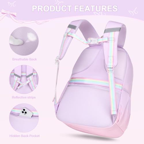 DIGOBAY Backpack for Girls, 3PCS Girls Backpack for School with Lunch Bag Pencil Case, Cute Kids Teens Bookbag for Kindergarten Elementary Preschool Middle School - color: Gradient Purple-pink