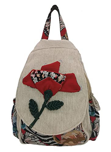 Small Canvas Backpack, Retro Boho Washed Hippie for Women Daily Commute (Safflower Decorations) - color: Safflower
