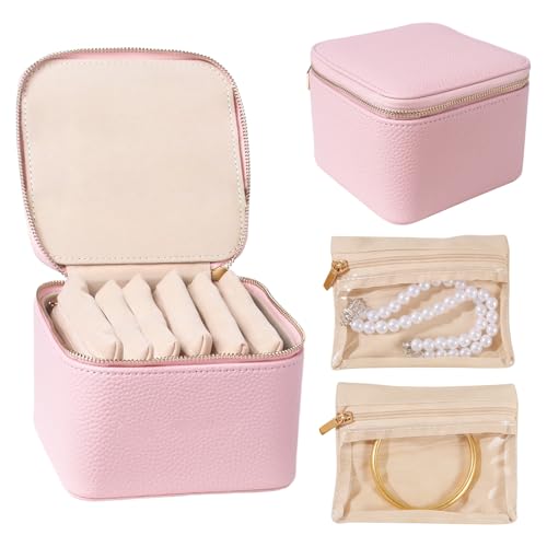 Travel Jewelry Organizer, Travel Jewelry Box with 6 Velvet Zipped Pouches Bags for Jewelries Necklaces Rings Earrings Sorting Storage for Women Girl Gifts, Blush - color: Blush - 6 Pouch