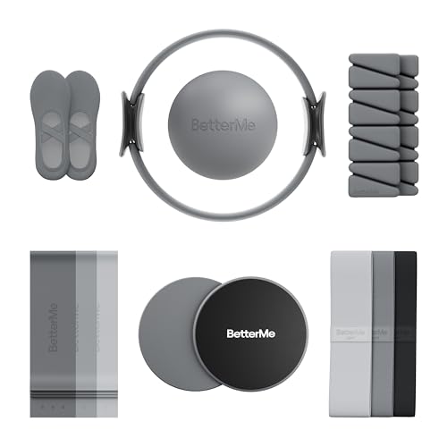 BetterMe Pilates Studio Kit – Pilates Ring, Pilates Ball, Resistance Bands & Sliders – Complete Pilates Equipment Set for Women – Home & Studio Pilates Workout Kit - color: Stone Gray