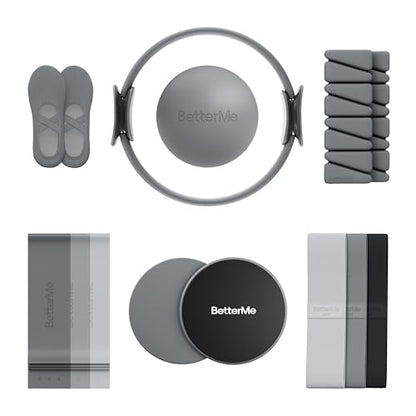 BetterMe Pilates Studio Kit – Pilates Ring, Pilates Ball, Resistance Bands & Sliders – Complete Pilates Equipment Set for Women – Home & Studio Pilates Workout Kit - color: Stone Gray