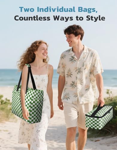 ISEYOU Beach Bag and Cooler Bag Set, 45L Waterproof XXL Foldable Tote with Zipper, 8 Pockets for Pool, Picnic, Travel - color: Green