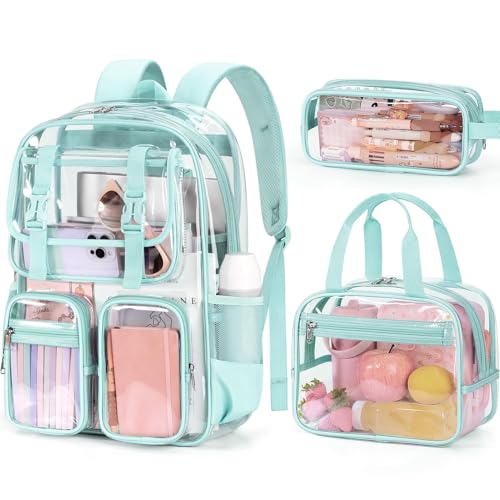 Fimibuke Clear Backpack for Girls - 3 PCS Heavy Duty Kids Clear Bags Schoolbag Large Transparent PVC Bookbag with Lunch Box Pencil Case Set for Travel School Concert Stadium Events Backpacks - color: mint green