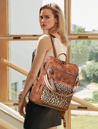Shrrie 15.6 inch Laptop Backpack for Women,Large Leather Purse,Travel Backpacks Carry on,Water Resistant Casual Laptop Backpacks,College Backpack,Work Backpack for Women,Two-tone Camel Brown - color: Brown With Leopard