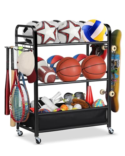 EXTCCT Basketball Rack, Rolling Basketball Shooting Training Stand,Sports Equipment Storage with Wheels, Four-Layer Organizer Holder with Two Basket for Basketballs Footballs Volleyball - color: Large Black
