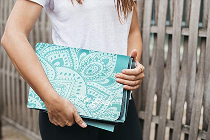 YOGA DESIGN LAB | Travel Yoga Mat | 2-in-1 Mat+Towel | Lightweight, Foldable, Eco Luxury | Ideal for Hot Yoga, Bikram, Pilates, Barre, Sweat | 1.5mm Thick | Includes Carrying Strap! - color: Mandala Turquoise