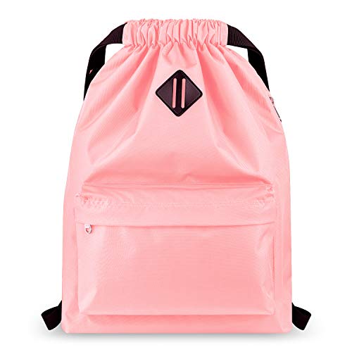 Vorspack Drawstring Backpack Water Resistant String Bag Sports Gym Sack with Side Pocket for Men Women - color: Pink