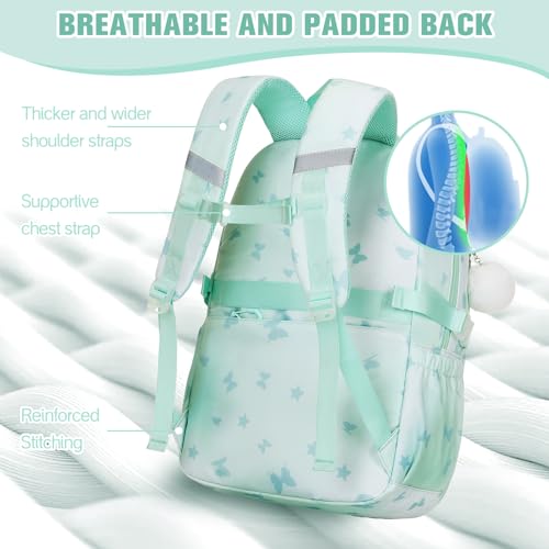 Bevalsa Backpack for Girls 3PCS Teen Girls Backpack for School with Lunch Bag Pencil Case Green Cute Kids Laptop Backpacks Bookbag for Elementary Middle High School College Student (Butterfly) - color: Green Butterfly