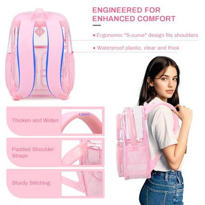 Clear Backpacks for School Heavy Duty Clear Bookbag Stadium Events Transparent Back Pack Kids, Pink - color: Pink