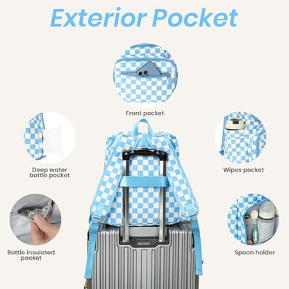 FHELAD Checkered Diaper Bag Backpack with Changing Pad & Stroller Clips, Large Travel Baby Diaper Bag for Newborn Moms, Baby Shower Gifts (Sky Blue) - color: Sky Blue