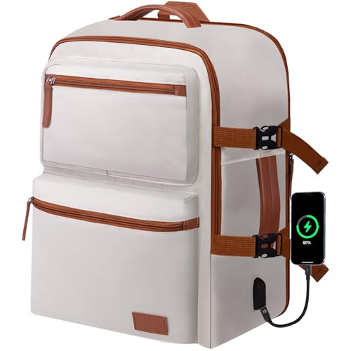 Expandable Travel Backpack Women Men with USB Charging Port, 15.6 Inch Laptop Backpack Waterproof Carry on Flight Approved for Travel Work Hiking College, Beige - color: Beige