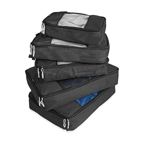 Travel Wise Packing Cubes for Travel - 5 Piece Set with Pattern Design, Lightweight Ripstop Nylon Luggage Organizers with Mesh Panel, Small Medium Large Sizes - color: Black