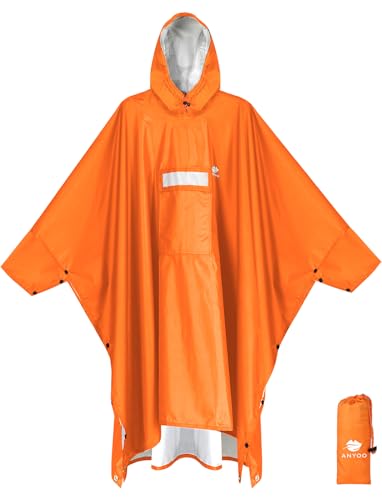 ANYOO Hooded Rain Poncho for Adults Waterproof Lightweight Rain Coat for Men Women Reusable Rain Jacket for Emergency Outdoor - color: Dark Orange