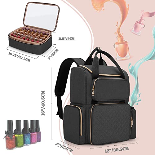 LUXJA Nail Polish Organizer (Backpack Version) Holds 70 Bottles and a Nail Lamp, Travel Nail Bag with 2 Removable Cases and Tools Storage Pockets (Patent Pending), Black - color: Black