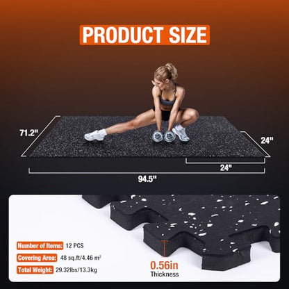 FAHKNS Gym Mat, 0.56'' Thick Exercise Equipment Mats,12 Pcs 48 Sq Ft Rubber Top Floor Tiles, EVA Foam Exercise Mat Tiles - Durable, Non-Slip, Interlocking Mat, Gym Flooring for Home Gym - size: 0.56 Inches