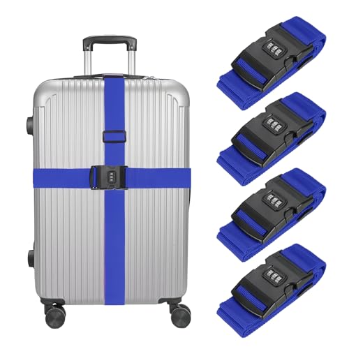 MECCANIXITY Luggage Straps with Combination Lock Adjustable Suitcase Belt Strap for Suitcase Briefcase Backpack Travel, Dark Blue, Pack of 4 - color: Dark Blue