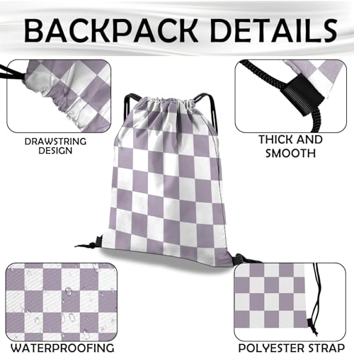 Drawstring Backpack Draw String Bag Waterproof for Sports Gym Beach Travel Cute Aesthetic Sackpack Men Women (13"×17")-Purple Checkered - color: S-11-purple