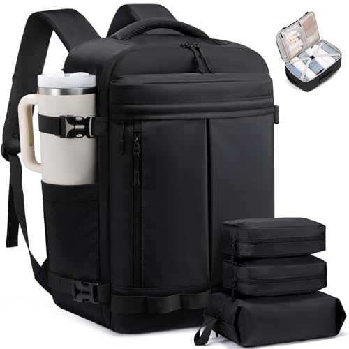 LOVEVOOK 50L Travel Backpack for Women Men, Airline Approved Carry On Luggage with 3 Cubes Accessories, TSA Personal Item Travel Cruise Essentials, Waterproof Weekender Overnight Bags fits 17" Laptop - color: Black, size: 50L 4-Piece Set