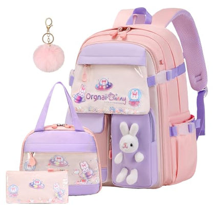 3pcs Girls Backpack With Lunch Box & Pencil Case,Cute Rabbit Kids School Backpack Set For Kindergarten & Elementary School (Style A Pink-16.5in) - color: Style A-pink