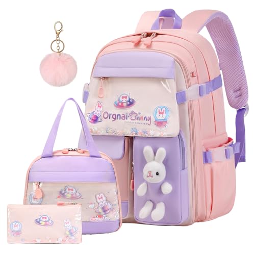 3pcs Girls Backpack With Lunch Box & Pencil Case,Cute Rabbit Kids School Backpack Set For Kindergarten & Elementary School (Style A Pink-16.5in) - color: Style A-pink