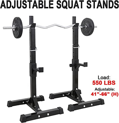 Adjustable Squat Rack Stand Barbell Bench Press Stands Rack Push Up 40"-66" Multi-Functional Sturdy Steel for Home Gym Max Load 550 lbs Portable Dumbbell Racks Stands, Black