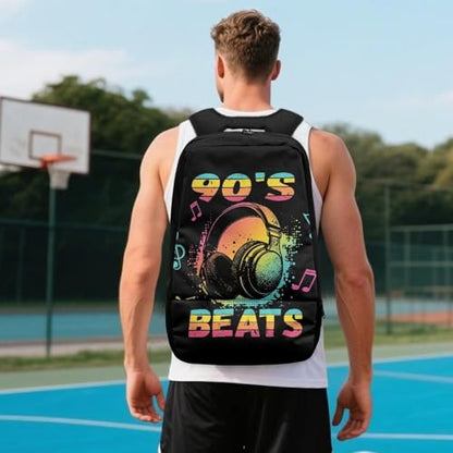 18.5in Basketball Backpack Basketball Bag with Shoe Compartment & Ball Holder, Waterproof Bag for Soccer Volleyball - color: Music Headphones Text Print