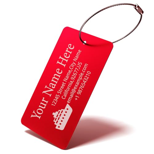 Luggage Tags for Suitcase - Personalized Engraved Metal Tag for Cruise Travel - Custom Name Tags Suitable for Bags and Backpacks(Red) - color: Red, size: Horizontal (2x3.5")
