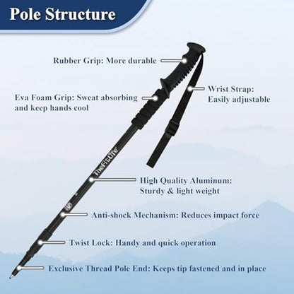 TheFitLife Nordic Walking Trekking Poles - 2 Sticks with Anti-Shock and Quick Lock System, Telescopic, Collapsible, Ultralight for Hiking, Camping, Mountaining, Backpacking, Walking, Trekking - color: Black