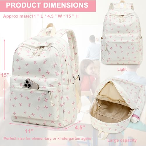 LEDAOU Kids Backpack for Girls Boys Preschool Kindergarten Elementary School Bookbag Toddler School Bag with Chest Strap - color: Pink Bow-beige