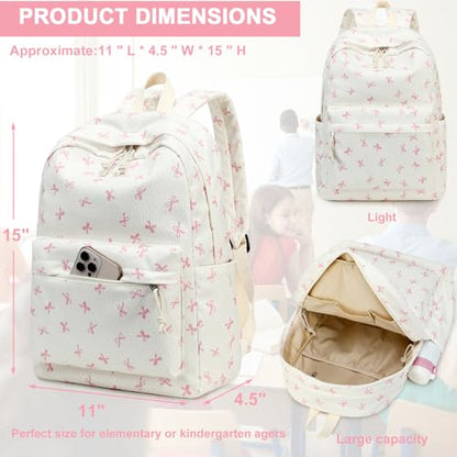 LEDAOU Kids Backpack for Girls Boys Preschool Kindergarten Elementary School Bookbag Toddler School Bag with Chest Strap - color: Pink Bow-beige