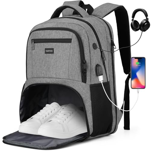 YAMTION 17,3 Inch Laptop Backpack for Men,Gym Backpack with Shoe Compartment,Bookbag for Boys Teens with USB Port for Sports Essentials Wrestling Athletic Bowling Gymnastics - color: Darkgrey
