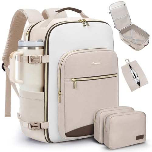 LOVEVOOK 40L Travel Backpack for Women & Men, Airline Approved Carry On Luggage with 3 Packing Cubes, TSA Overnight Bags, Waterproof Personal Item Bag, Weekender Essentials Backpacks fits 17" Laptop - color: Light Khaki-beige-coffee, size: Large