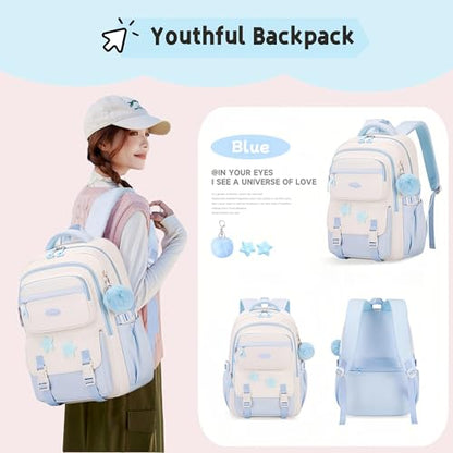 3Pcs Backpack for Girls with Tote Bag, School Bags Bookbag for Teen Girls Backpack with Star Pins and Furry Pendant, A08-3Pcs Blue - color: A08-3pcs Blue