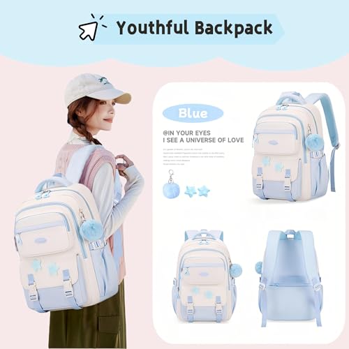 Light Blue Backpack for Girls, Teen Girls Backpack for Kids School Bag with Star Pins and Fluffy Pendant, A08-Blue - color: A08-blue