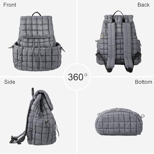 XSUIOY Quilted Backpack Purse for Women Small Lightweight Puffer Puffy College Laptop Backpack Nylon Casual Bookbag Daypack Top Flap Drawstring Padding Hiker Travel Gym Backpack(Grey) - color: Grey