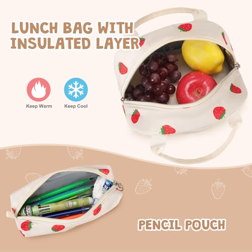 ACESAK Backpack for Girls - Girls Backpack with Lunch Bag & Pencil Pouch for Teen Kids Laptop Backpack for Women, Elementary Middle High School Bookbag Travel Daypack (Beige Strawberry) - color: Beige Strawberry