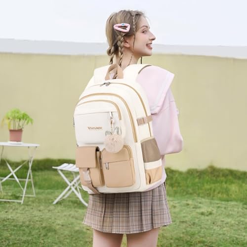 3PCS School Backpack For Student Women College Middle High Teen Girls Bookbag Waterproof Laptop Bag Beige Khaki - color: Beige Khaki