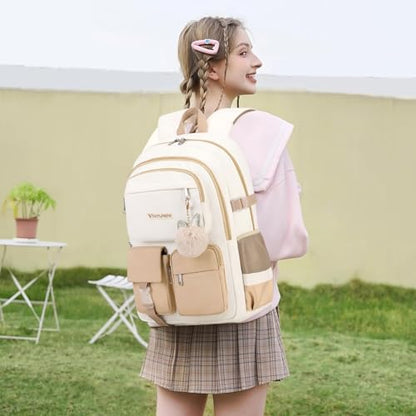 3PCS School Backpack For Student Women College Middle High Teen Girls Bookbag Waterproof Laptop Bag Beige Khaki - color: Beige Khaki