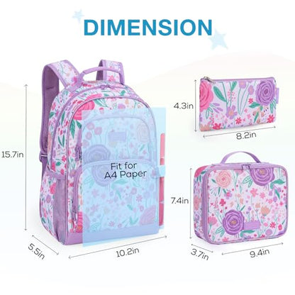 mommore Kids Backpack for Boys Girls 4-8 Kindergarten Elementary School Backpack with Lunch Box - 15” H Fit Folder - color: Purple Flower, style: 3 Pcs