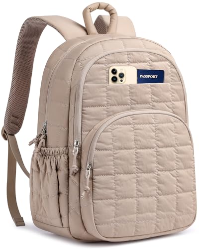 Laptop Backpack for Women College Bookbag: 15.6 Inch School Backpacks for Teen Girls Quilted Back Pack for Students Womens Casual Work Computer Bag Water Resistant Travel Backpack (Camel) - color: Camel, size: 15.6 Inch