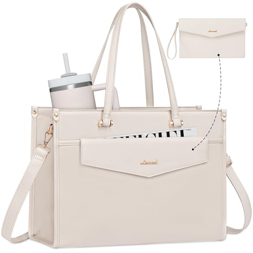 LOVEVOOK Laptop Bag for Women, 15.6'' Laptop Tote Purse 2-in-1 Professional Work Bag Business Briefcase with Clutch Purse, Waterproof Leather Computer Handbag for Teacher Office Travel - color: Off-white, size: 15.6 inch