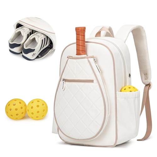 KAVIGOR Pickleball Bag, Quilted Pickleball Backpack with Shoe Compartment & Waterproof Pocket, Pickle Ball Paddle Bag Fits 2 to 4 Paddles for Women and Men - color: Beige