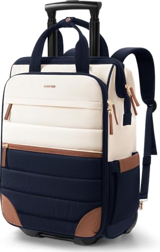 Rolling Puffer Backpack for Women, Travel Backpack with Wheels, 16 Inch Wheeled Laptop Backpck, Dual-Opening Design Overnight College Underseat Carry on Luggage, Roller Business Work Bag, Navy Blue - color: Navy Blue