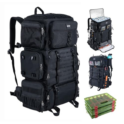 Goture Fishing Backpack with Cooler, 72L 600D Tackle Backpack Included 4 3700 Tackle Boxes, Dry & Wet Split Compartment, Large Fishing Tackle Bag with Rod Holders,Rain Cover for Travel Camping Hiking - color: Black (with 4 3700 Tackle Boxes)