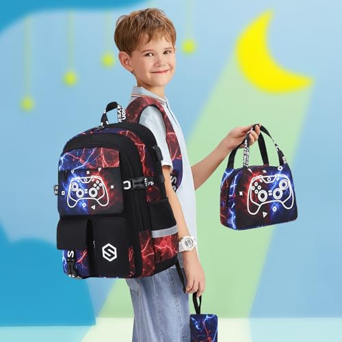 Scothen Boys Backpack, Cool Luminous School Backpacks for Boys with Lunch Bag Pencil Case, Kids Backpack Kindergarten Elementary Middle School Book Bags for Teen Boy Children with USB Charging Port - color: Cool Red-blue