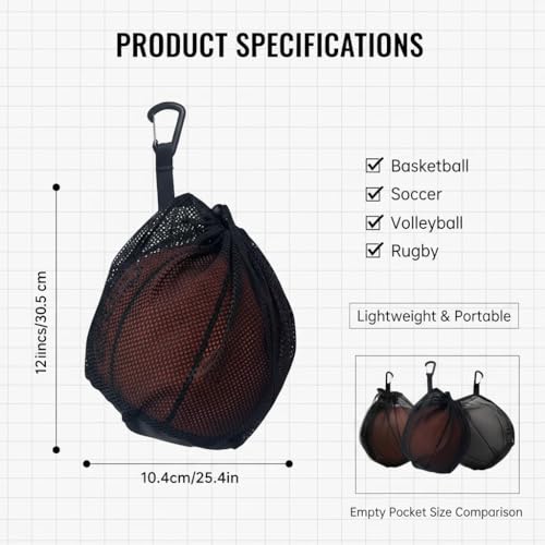 2-3-4 Pack Single Ball Bag for Basketball Soccer Volleyball,12x10 Inch Mesh Storage with Zipper Pocket,Portable Adjustable Drawstring Ball Bag with Hanging Clip Fits Most Backpacks - color: Black-4P