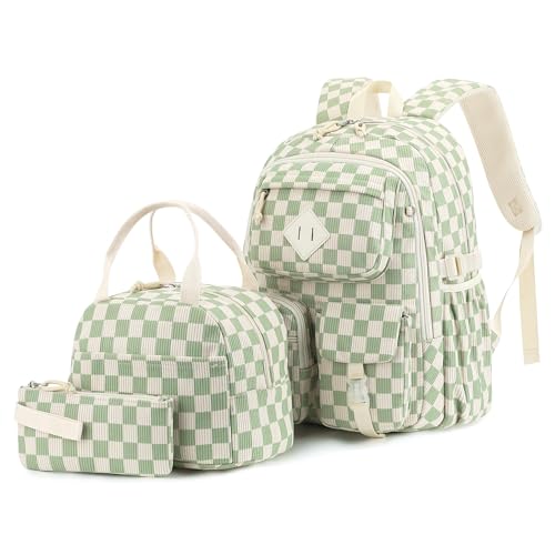 3Pcs Corduroy School Backpack for Girls, Kids Teens Large Capacity School Bag Bookbags Set Casual Daypack Fits 15.6 inch Laptop with Lunch Box and Pencil Case (Corduroy Checkered Green) - color: Corduroy Checkered Green